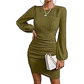 MITILLY Women's Formal Wedding Guest Dress Fall Elegant Long Sleeve Ruched Cocktail Bodycon Mini Dresses with Slit
