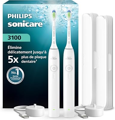 Sonicare série 3100 – Brosse à dents électrique, capteur de pression, 3 intensités, EasyStart, SmarTimer, autonomie 14 j, étui de voyage, pack de 2, coloris blanc, HX4072/41, [Nouveau]