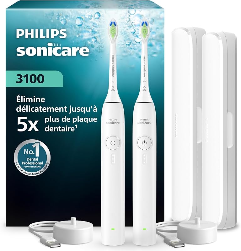 Sonicare série 3100 – Brosse à dents électrique, capteur de pression, 3 intensités, EasyStart, SmarTimer, autonomie 14 j, étui de voyage, pack de 2, coloris blanc, HX4072/41, [Nouveau]