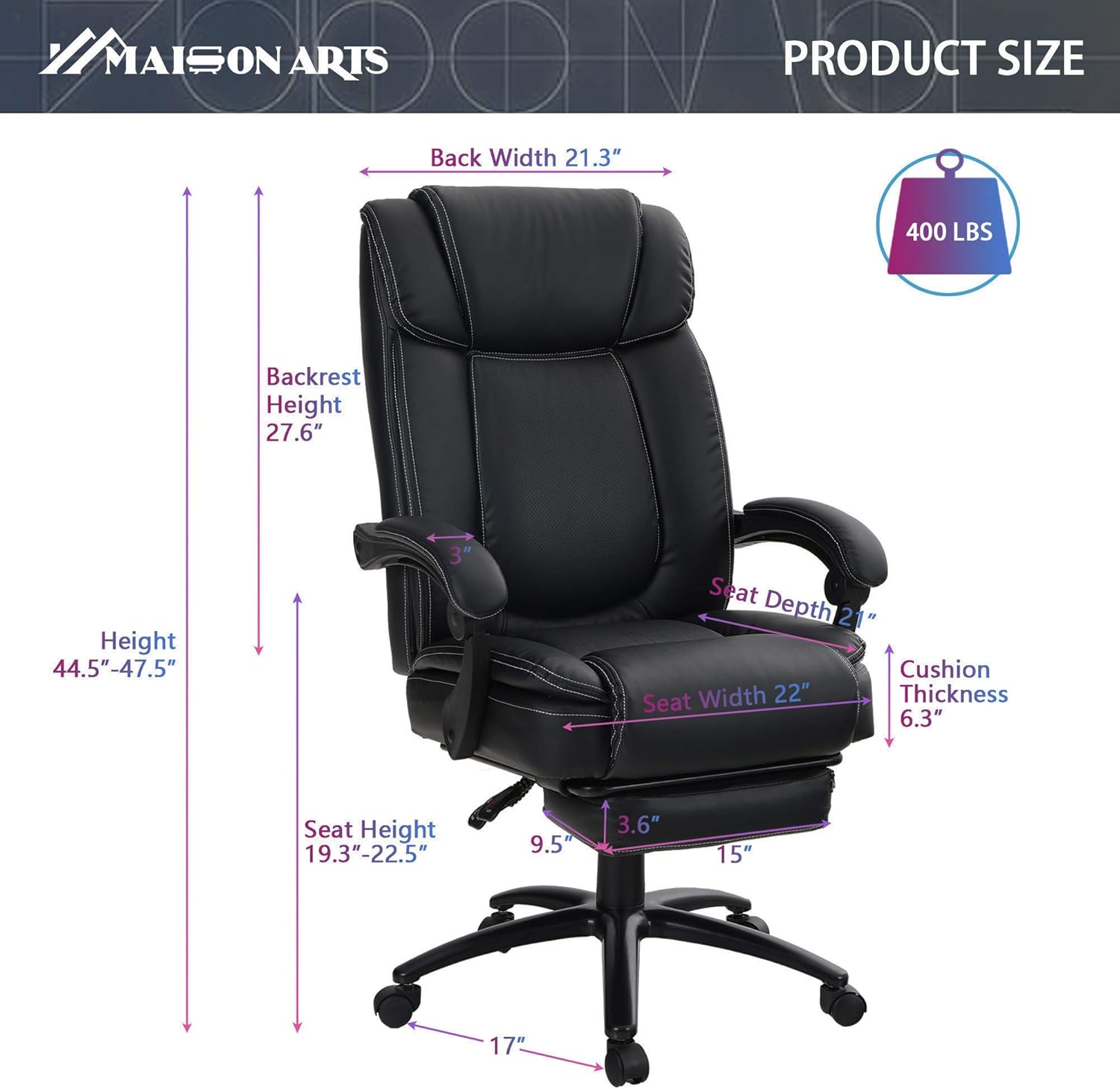 MAISON ARTS Big and Tall Bonded Leather Reclining Office Chair Task Chair, 400lb High Back Executive Massage Computer Desk Chair with Retractable Footrest and Metal Base for Home Office: Kitchen & Dining
