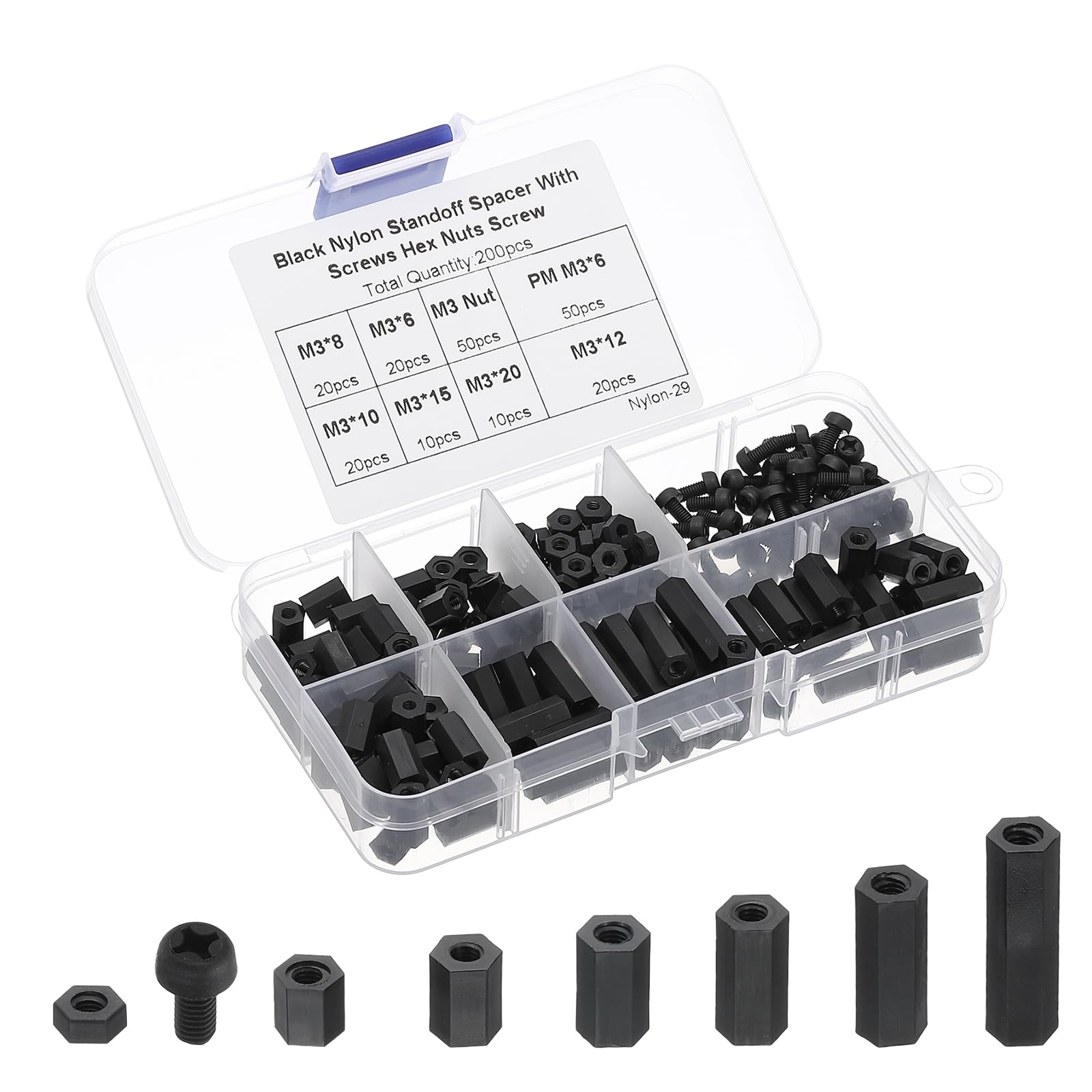 PATIKIL M3 Nylon Spacer, 200Pcs Male-Female Hex Standoff Spacers Assortment Electrical Outlet Spacers with Screws Nuts for PCB Motherboard, Circuit Board, Switch and Receptacle, Black