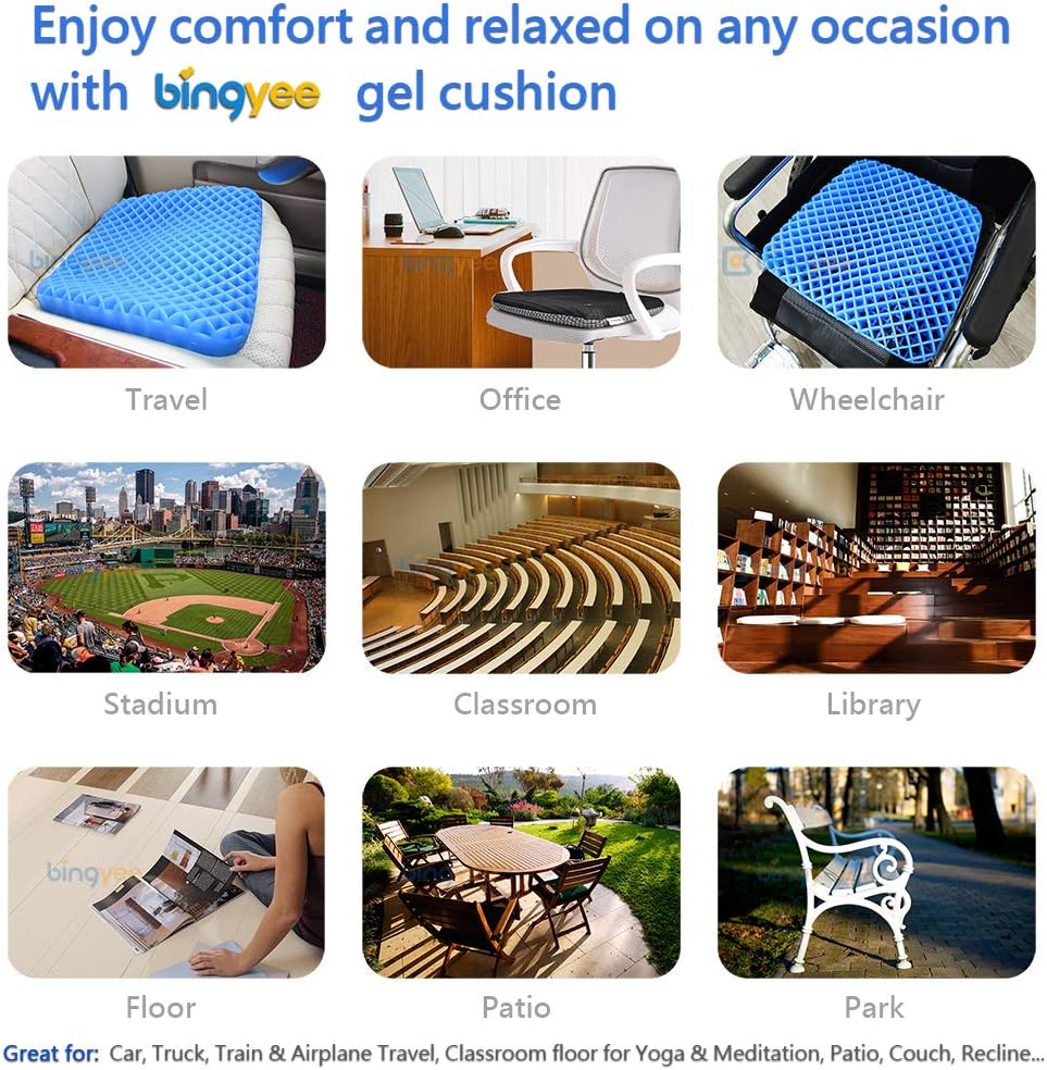 Bingyee Gel Seat Cushion 1.8 Inch Thick Double Gel Orthopedic Seat Cushion Pad for Pressure Relief Breathable Gel Sits Perfect for Office Chair, Car, Home, Wheelchair Sweat Resistant Chair Pads: Health & Personal Care