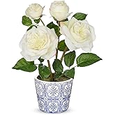 Hollyone White Real Touch Roses Artificial Flowers in Vase Blue and White Porcelain Ceramic Pot 13.4" Fake Roses Flower Arrangement Artificial Plants & Flowers Potted Plant Faux Silk Rose Flower