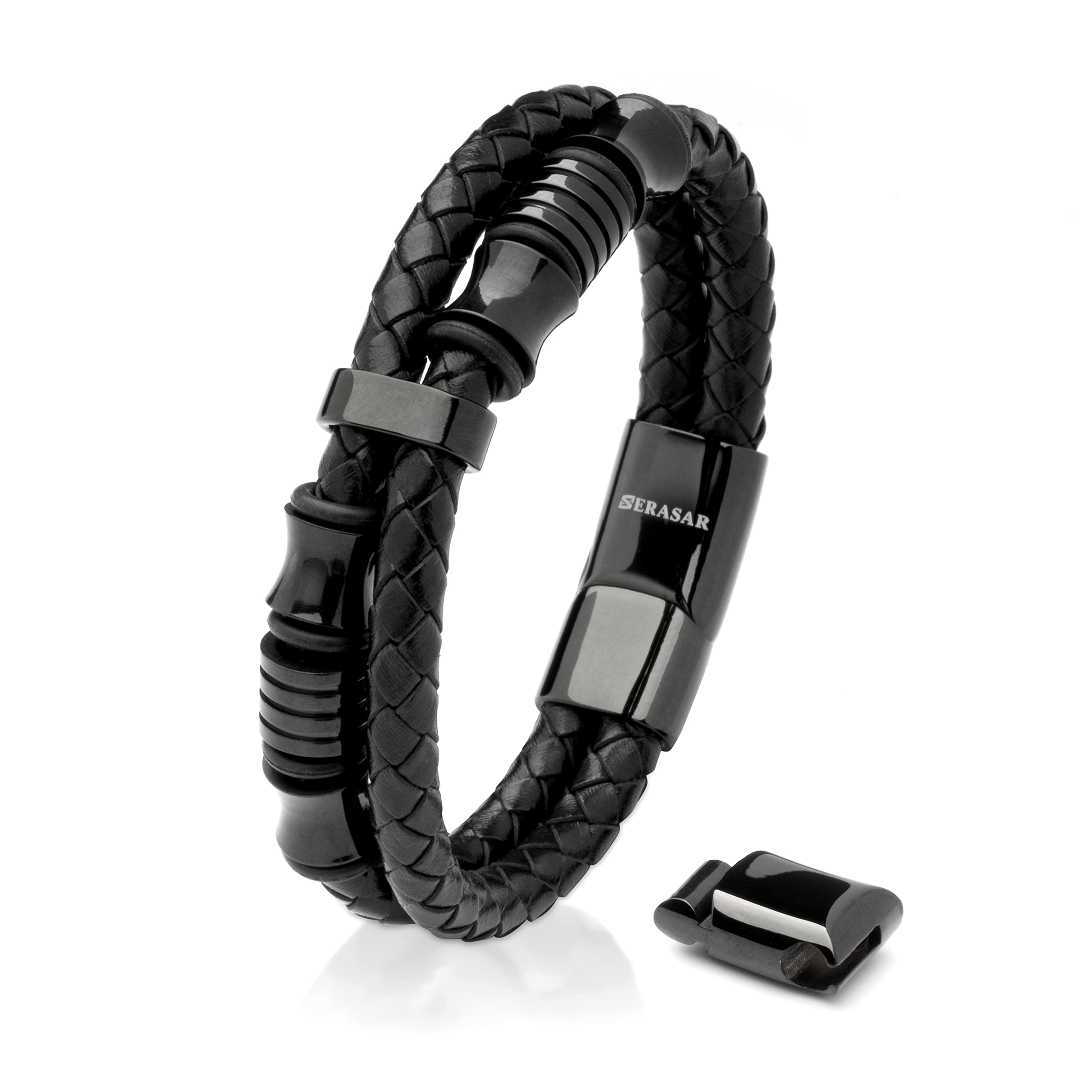 SERASAR 17cm Black Bracelet Men GiftBox Genuine Leather Cowhide Braided AdjustAble Magnetic Clasp MultiLayer Wrap Jewellery Rope Mans Male Mens Bracelets Band Jewelry Magnet Accessories