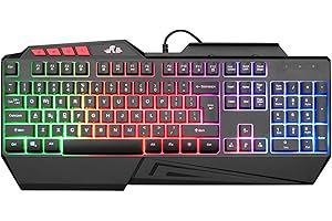Rii RK202 RGB Gaming Keyboard Multiple Color Rainbow LED Backlit USB Wired Gaming Keyboard with Wrist Rest for Windows & Mac PC Gamers (Black)