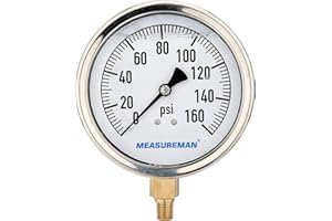 Meaureman 4" Dial Size, Glycerin Filled Plumbing Pressure Gauge, 0-160psi, Stainless Steel Case, 1/4" NPT Lower Mount