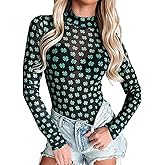 Chvity Women's Long Sleeve Mock Neck Tops Sexy See Through Mesh Going Out Tops Y2k Sheer Letter Printes Western Rodeo Outfit