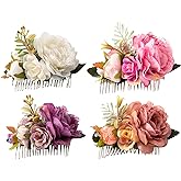Cinaci 4 Pack White Pink Flower Metal Hair Side Combs Slides with Artificial Big Rose Wedding Bridal Clips Floral Headpieces Hairpins Barrettes Bun Hair Accessories for Women Flower Girl Bridesmaids
