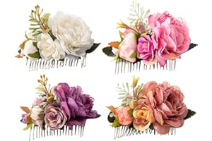 Cinaci 4 Pack White Pink Flower Metal Hair Side Combs Slides with Artificial Big Rose Wedding Bridal Clips Floral Headpieces Hairpins Barrettes Bun Hair Accessories for Women Flower Girl Bridesmaids