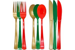 JOY AKKESS 153 Pcs Christmas Plastic Silverware Heavy Duty Disposable Tableware Sets Includes Spoons Forks Knives for Christmas Party Supplies (Red Green Gold)