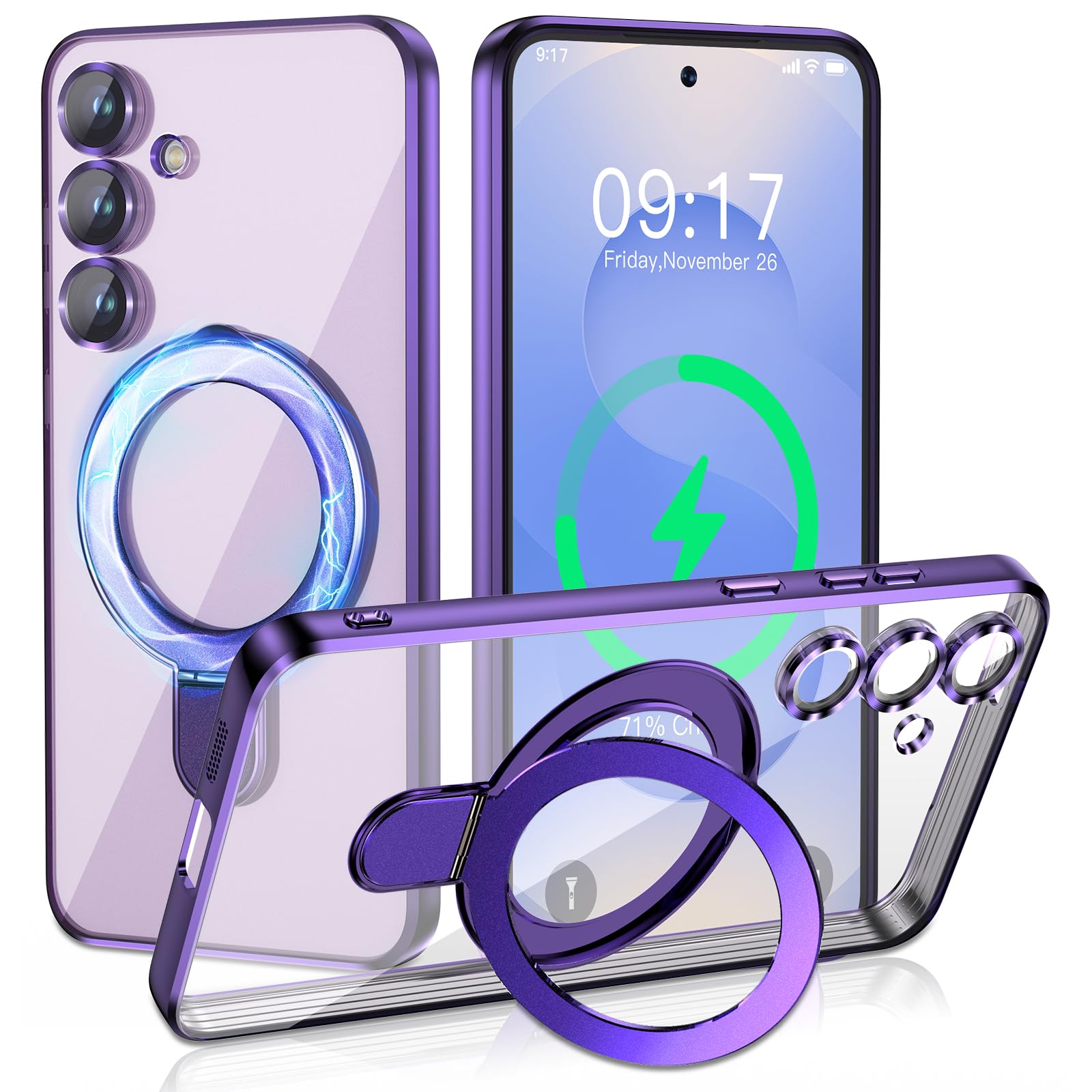 Magnetic Stand & Full Camera Lens Protector Case for Samsung Galaxy S25 Plus [Compatible with MagSafe][Military Drop Protective]Not Yellowing Clear Slim Soft S25 Plus Phone Case for Women Men,Purple