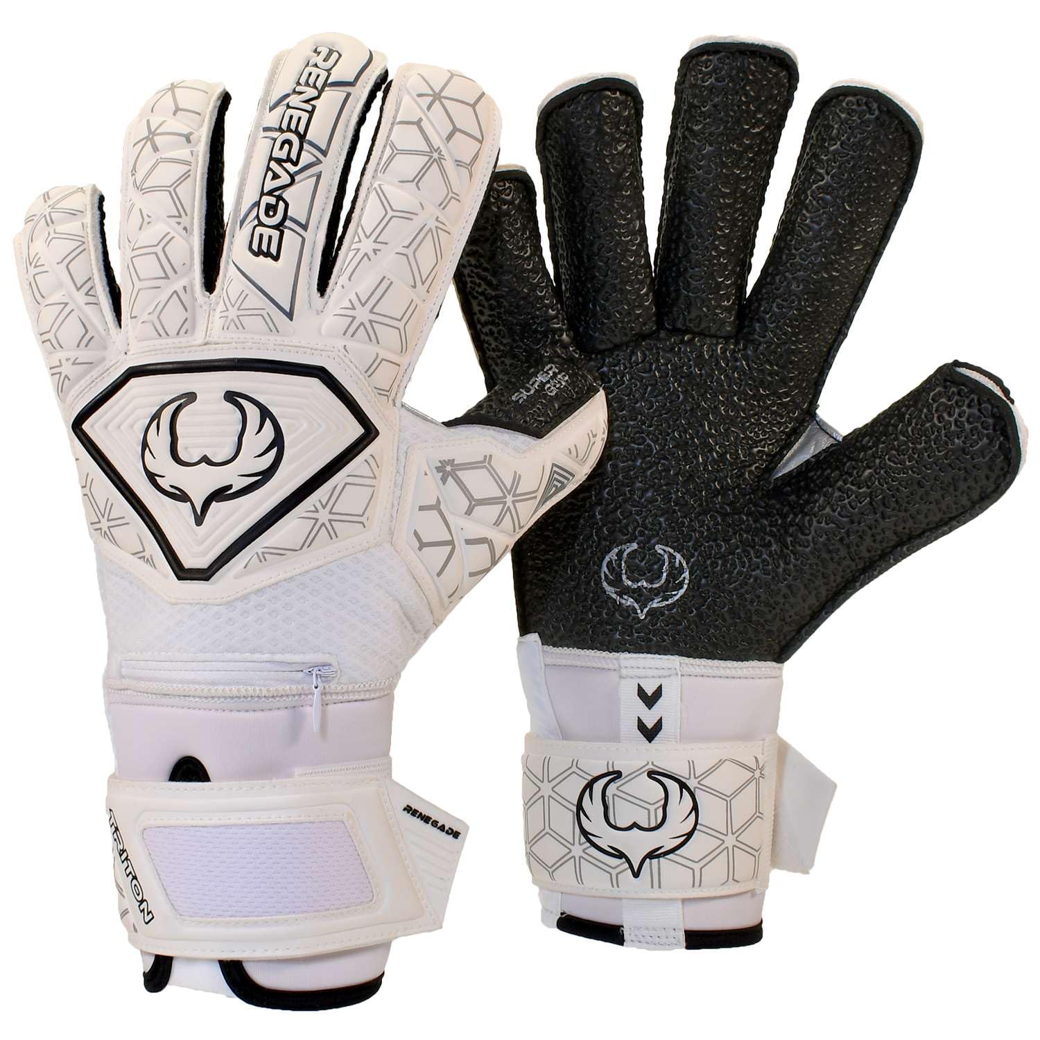 Renegade GK Triton Polaris Goalie Gloves with Pro-Tek Fingersaves | 3.5+3mm Super Grip| White & Black Soccer Goalkeeper Gloves (Size 6, Youth, Kids, Roll Cut, Level 2)