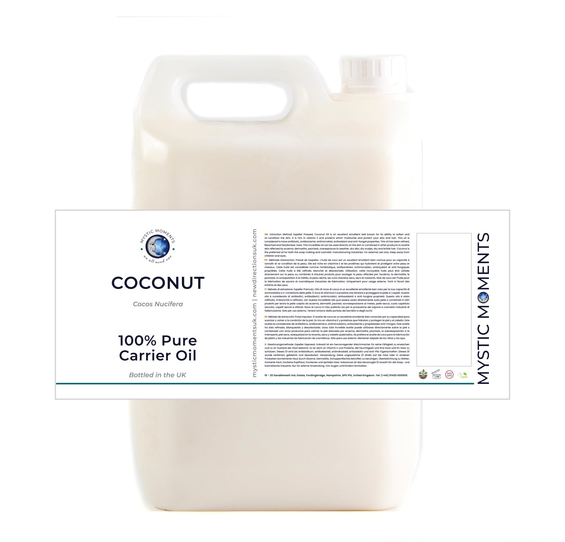 Mystic Moments| Coconut Carrier Oil 5 Litres | Cocos Nucifera | Nourishing Moisturising Base Treatment for Skincare, Haircare & Massage | Natural Carrier for Aromatherapy Blends