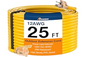 BBOUNDER Outdoor Extension Cord 25 FT Waterproof, 12/3 SJTW Heavy Duty 15A 1875W, Flexible 100% Copper 3 Prong Cords for Commercial Use and High Power Appliance, Yellow
