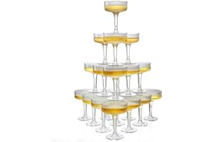 Goodluck Champagne Tower 4-Tier, 7oz Set of 20 Clear Champagne Flutes Plastic,Butterfly Shape with Vertical Stripes for Weddi