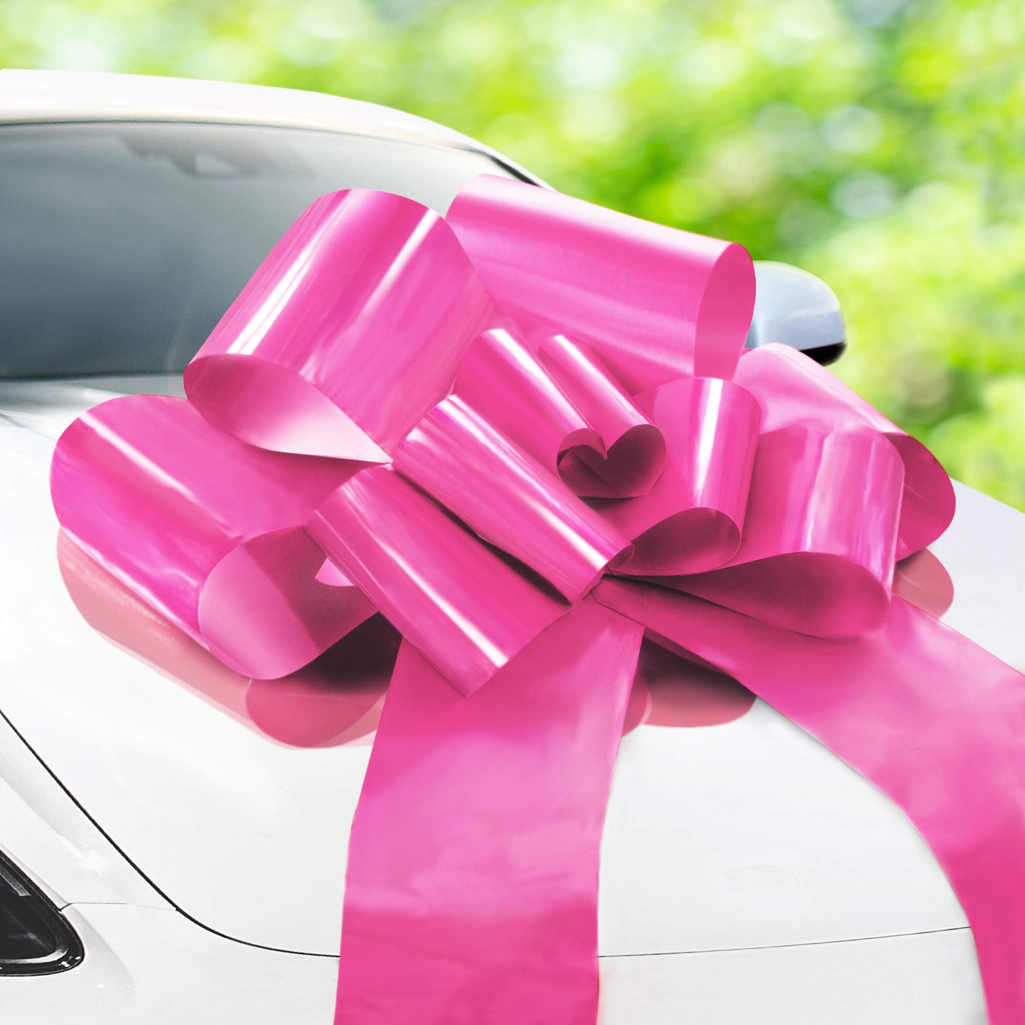 Zoe Deco - Big Car Bow - Pink, 30 Inch - Giant Car Bow with 2 Gold Accessory Bows for Birthday, Christmas, Wedding Reception, Surprise Party - Large Gift Wrapping for Huge Present