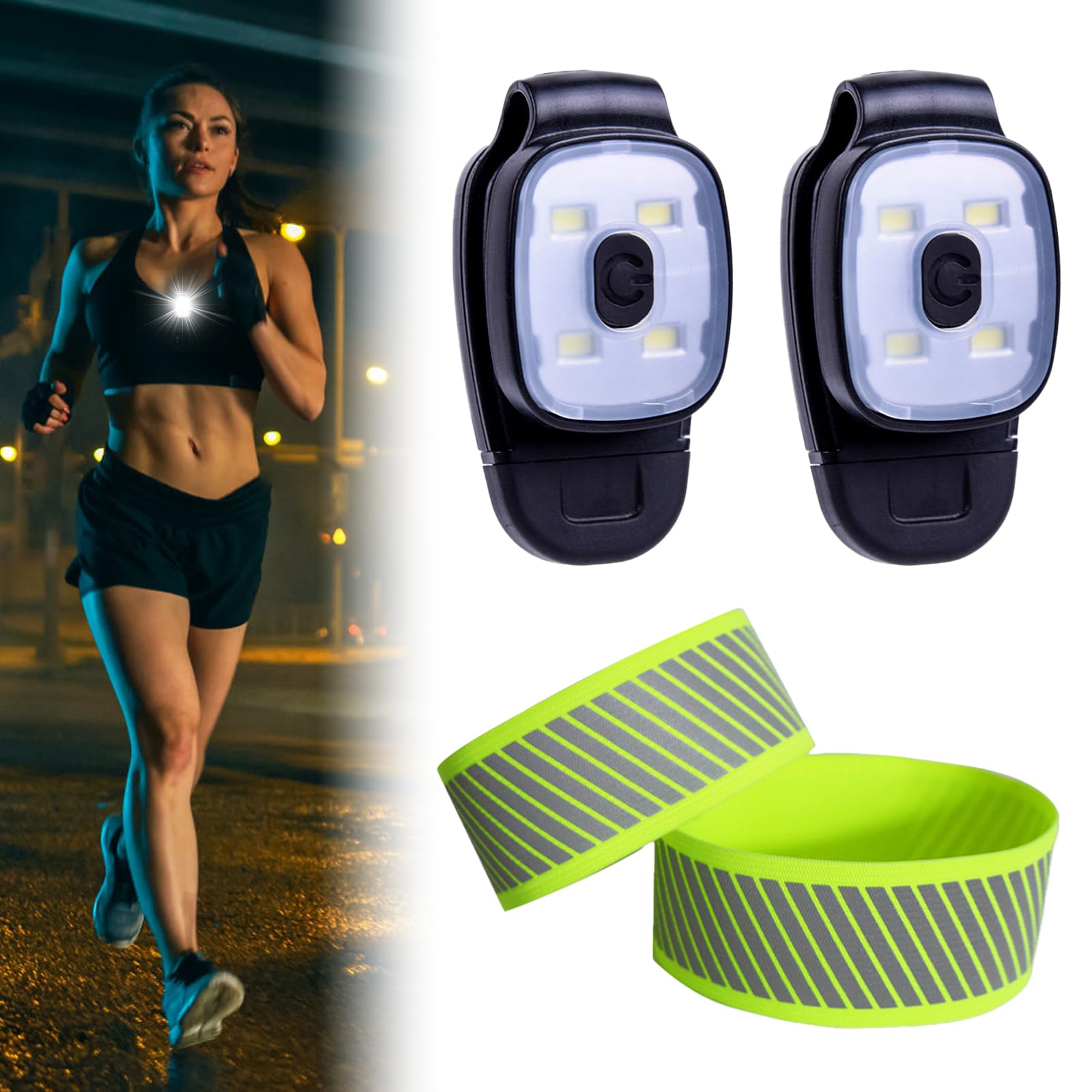 2 Pcs Clip On Running Light LED Clip On Light Running Clip On Torch USB Rechargeable Running Torch Night Running Lights 2 Reflective Wristband for Running Dog Walking Camping Hiking Outdoor Adventures