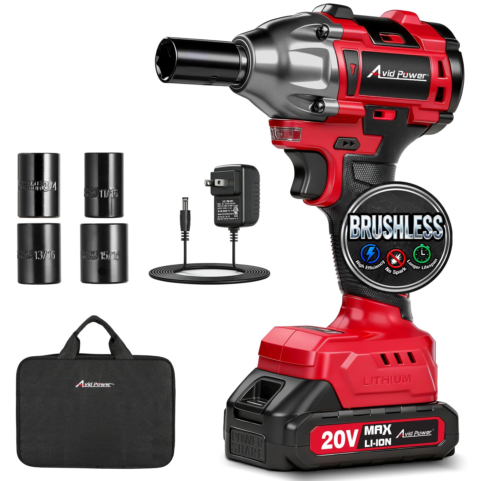 AVID POWER Impact Wrench, 1/2” Impact Gun Brushless Max Torque 332 Ft-lbs (450 N.m), 20V Cordless Impact Wrenches with 2.0 Ah Battery, 2 Variable Speeds, 4PCS Impact Sockets, Charger, Tool Bag Image