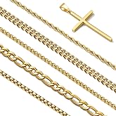 CLASICOMIS Stackable Gold/Silver Chain for Men, 6/7 Pcs Stainless Steel Cross Chain Mens Necklace Jewelry Set for Men, 5/6 Chains + 1 Cross Pendant