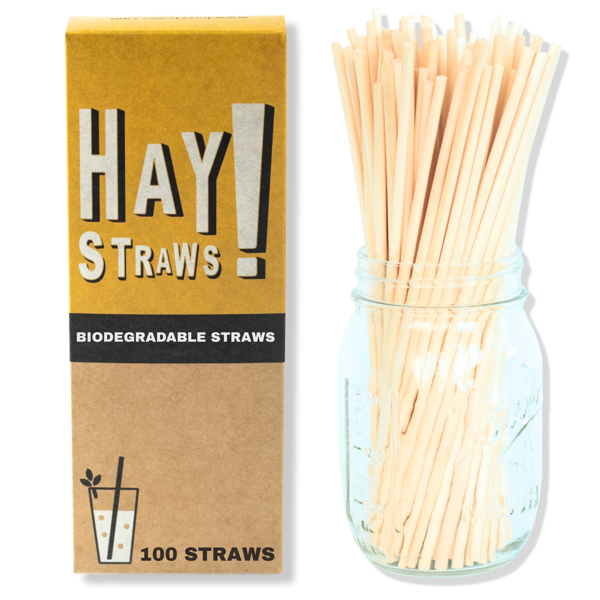 HAY! Straws Tall Drinking Straw | 100ct | 7.75" | 100% Biodegradable, 100% Plant-Based, Never Soggy, Gluten-Free | Sustainable Alternative to Plastic & Bioplastic Straws