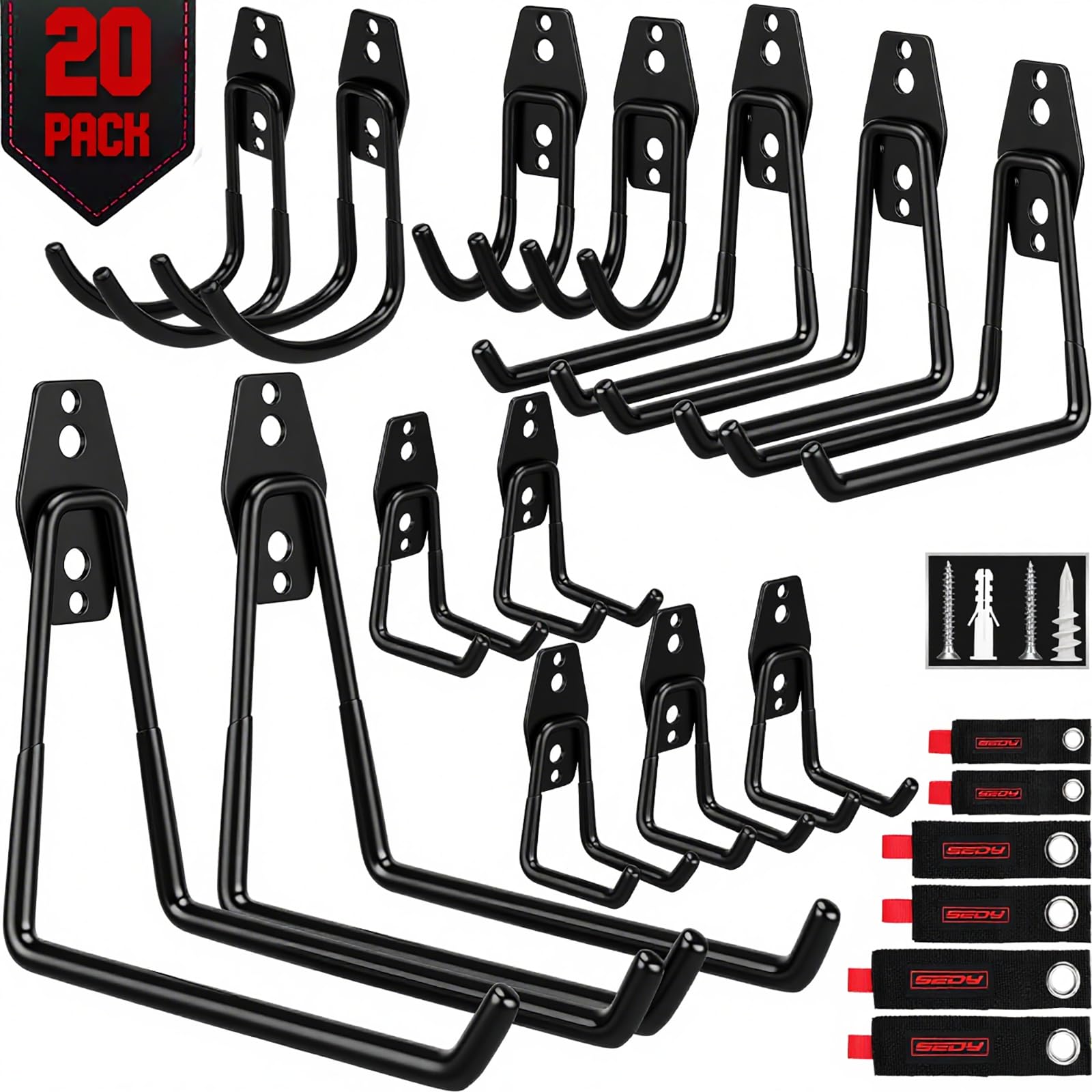 Photo 1 of 20 Pack Heavy Duty Garage Storage Hooks with Extension Cord Organizer, Solid Steel Wall Mount Hook Set with Anti-Slip Coating Utility J Hooks for Ladders,Bikes,Ropes,Broom,Garden,Yard and Power Tools