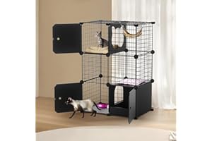 PAWING Cat Enclosure Indoor with Litter Box, 3-Tier Metal Wire Cat Cage, DIY Detachable Design for Cats, Kittens & Small Animals, Multi-Level Kennel