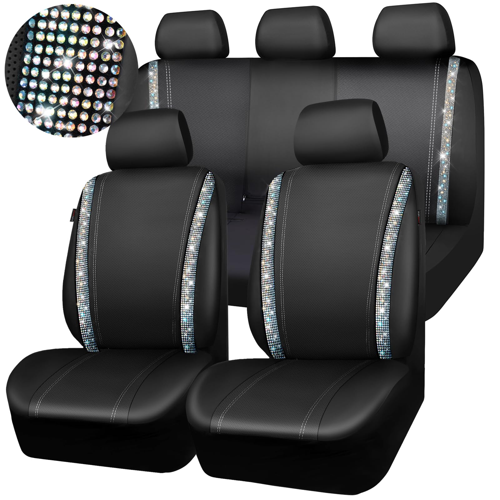 Photo 1 of CAR PASS Bling Car Seat Cover Full Set, Shining Rhinestone Diamond Waterproof Leather, Rear with Zipper, Universal Fit 95% Automotive Glitter Sparkle Crystal for Cute Women Girl, Colorful Diamond