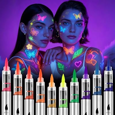 AOOWU Glow in The Dark Face Paint Pens 10 Colors UV Neon Kit