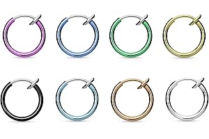 Pierced Owl - Set of 8 Titanium IP 316L Stainless Steel Spring Action Non Piercing Septum, Ear, or Nose Hoop Rings