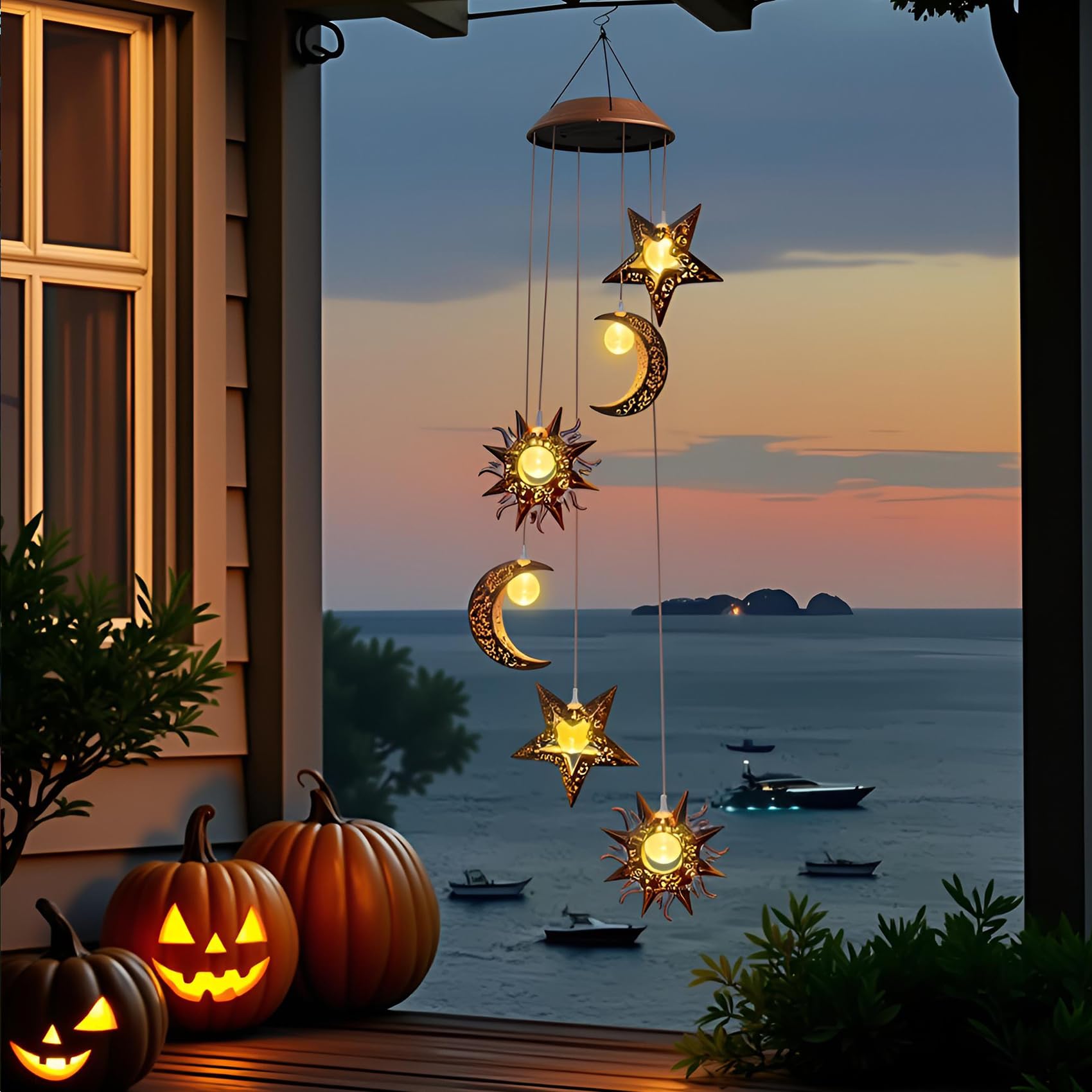 Photo 1 of Solar Wind Chimes for Outdoor Lights Sun Moon Star Mom Wife Hanging Decor Outdoor Sympathy Wind Chimes for Garden Patio Balcony Birthday Womens Gifts