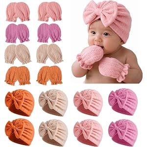 8 Sets Newborn Baby Girl Bow Hats and Mittens Turban Beanies 0-3M | Cotton preemie infant hospital cap. No-scratch gloves. Go