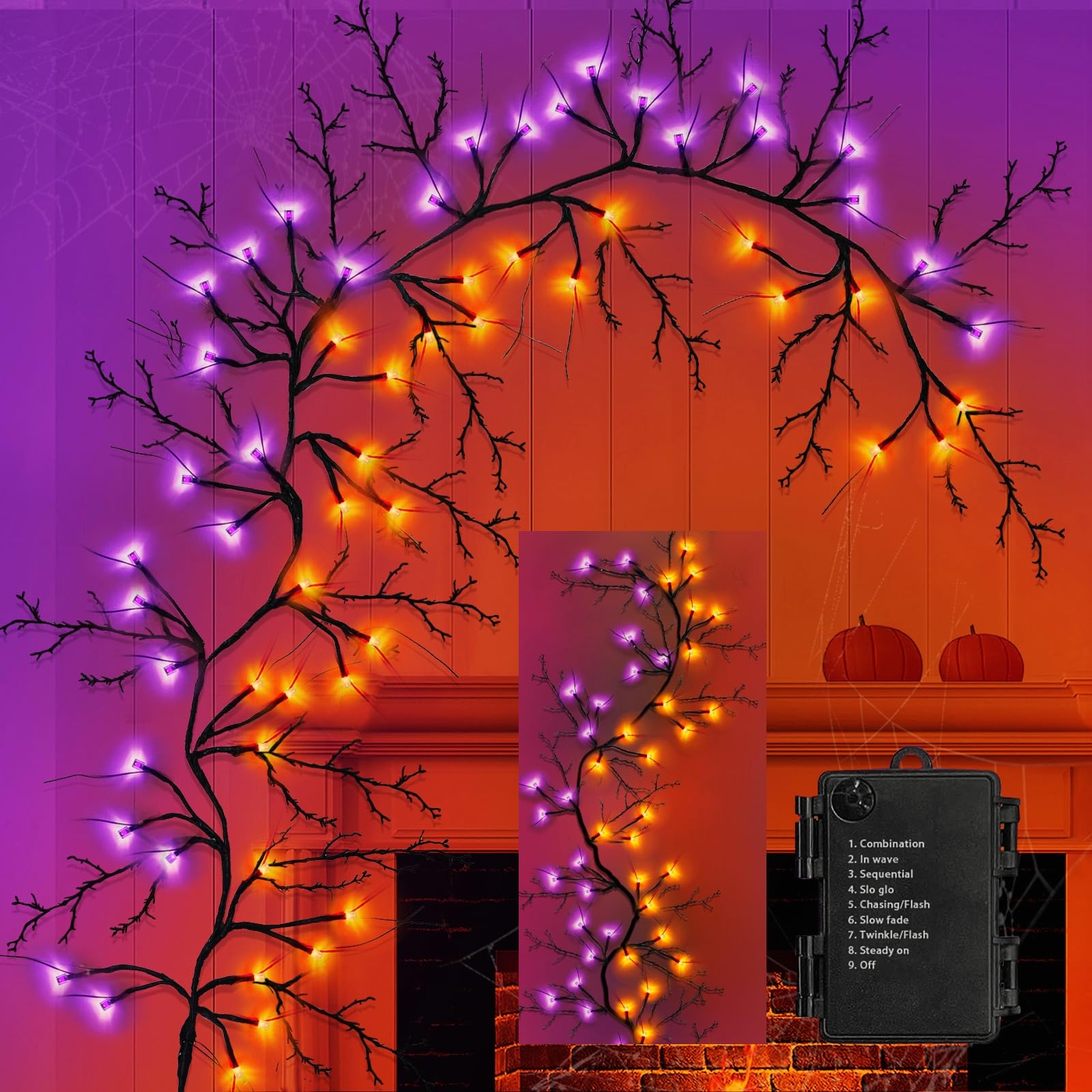 Photo 1 of [8 Modes & Timer] 6Ft 54 LED Halloween Willow Vine Twig Garland with Lights - Purple Orange Waterproof Battery Operated Indoor Wall Door Fireplace Mantle Decorations ASIN B