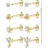 18K Gold Plated Threadless Flat Back Earrings Studs 316L Surgical Steel Push in Nose Studs Rings 20G 18G 16G CZ Tragus Cartilage Helix Conch Lip Labret Medusa Nostril Piercing Jewelry Hypoallergenic