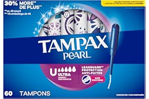 Tampax Pearl Tampons, with LeakGuard Braid, Ultra Absorbency, Up to 100% Leak and Odor Free Protection, Unscented, 60 Count