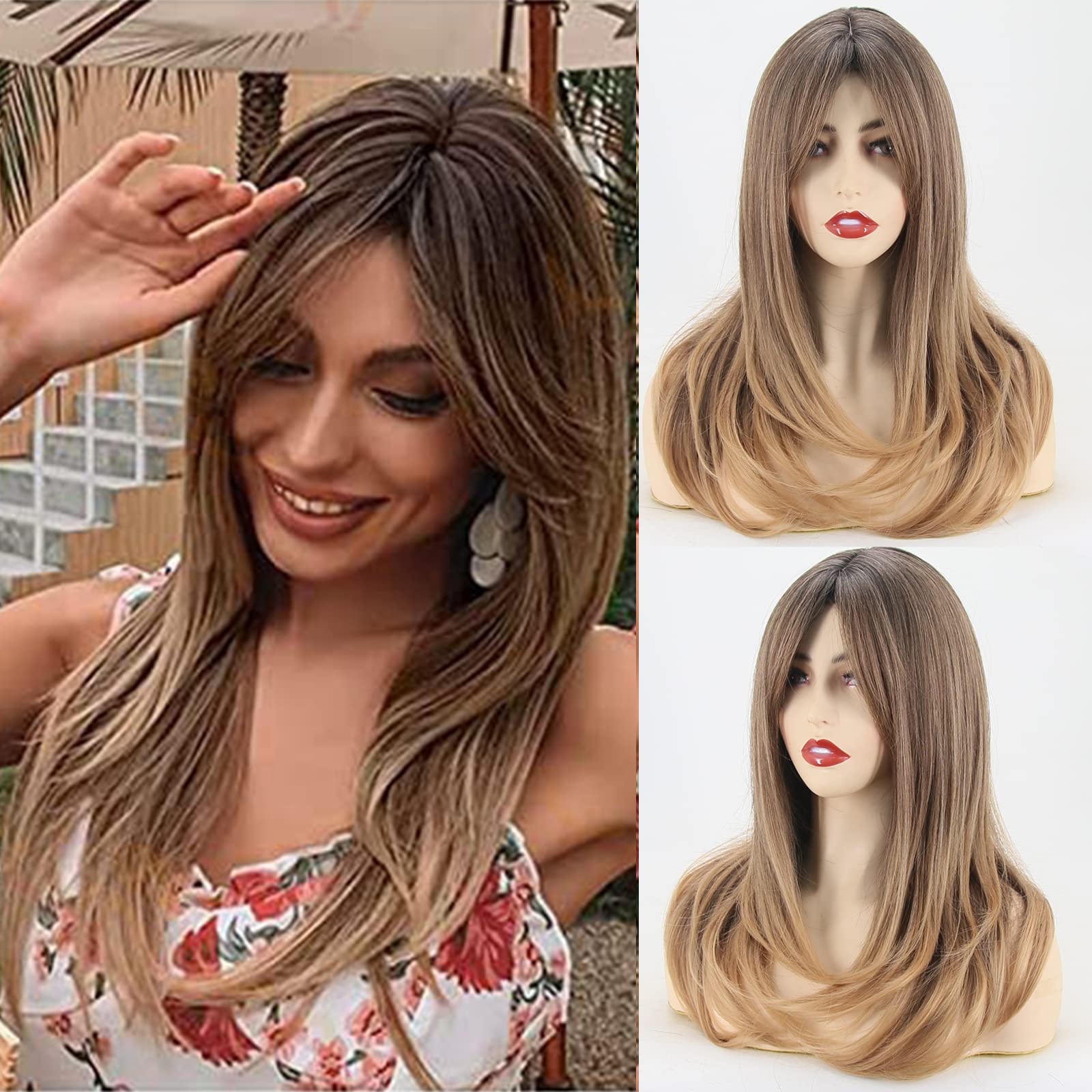 Towarm Ombre Brown Wigs with Bangs for Women Shoulder Length with Layer Dark Roots Heat Resistant Short Bob Wavy Synthetic Wigs with Fringe (R4/10B/22)