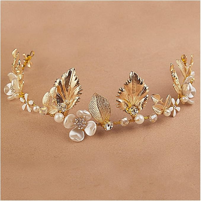Diadema de hojas doradas, tiara de flores con perlas, corona de pétalos