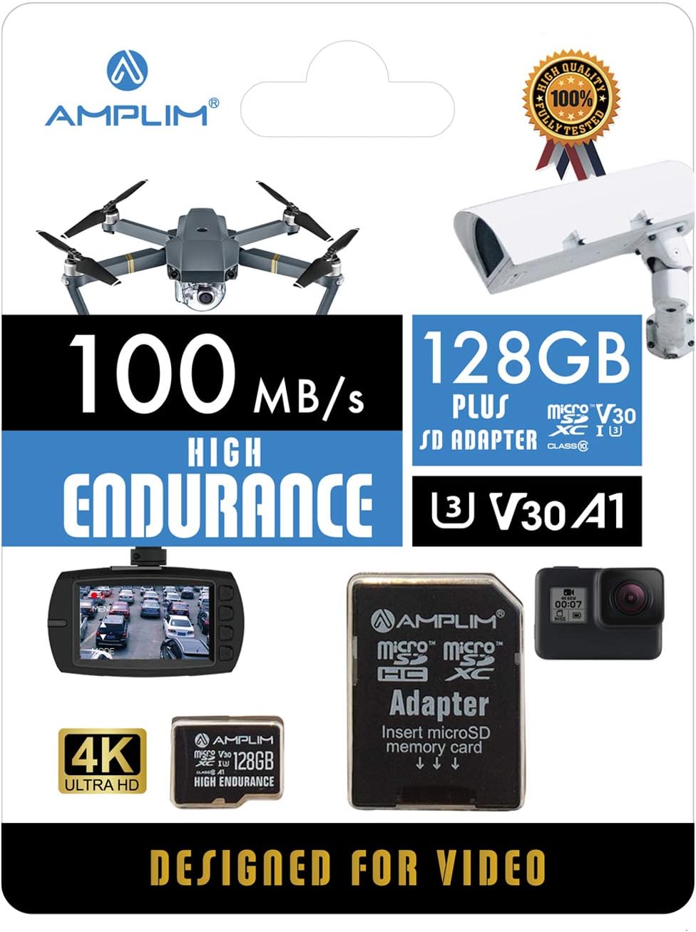 Amplim High Endurance 128GB MicroSDXC Card for Video Monitoring Cameras - Dash Cam, Body Cam, Surveillance Cam, Home Security Cam, Drone, Action Camera. U3, V30, A1, 4K UHD, Micro SD TF with Adapter: Computers & Accessories