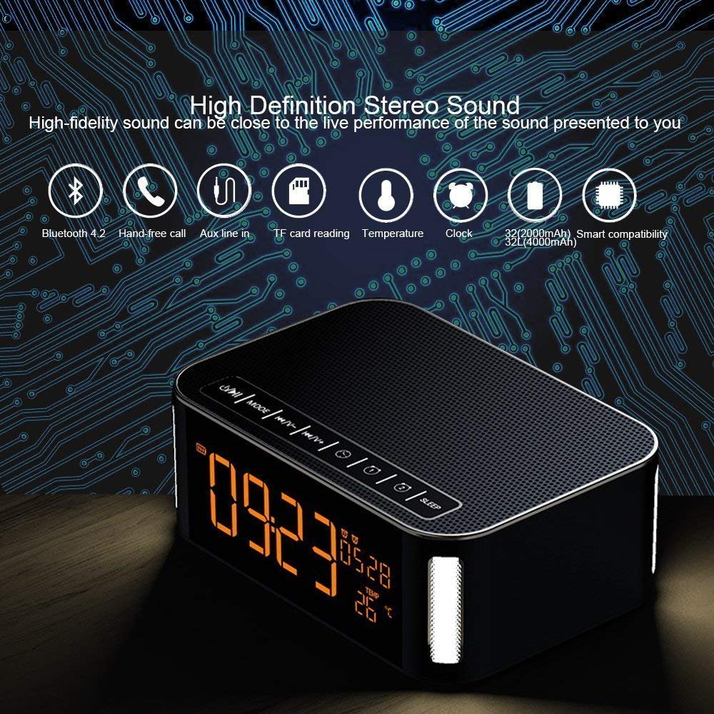 Portable Bluetooth Speaker,XPLUS 4.2 Outdoor/Indoor Stereo Hi-Fi Speaker with Led,FM,Hands-Free Phone Calling,Two Passive Subwoofers,Time,Temperature,Two Alarm Clock,Great for Party,Traveling