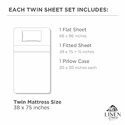 100% Cotton Percale Sheets Twin Size, White, Deep