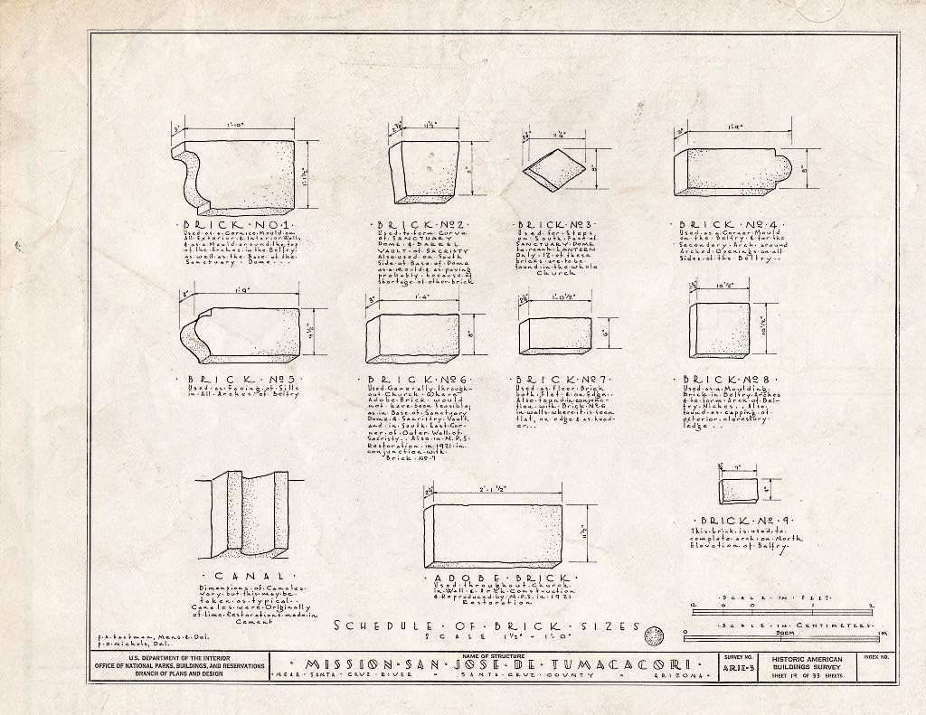 Historic Pictoric Blueprint Diagram 19. Schedule of Brick Sizes - San Jose de Tumacacori (Mission, Ruins), Tubac, Santa Cruz County, AZ 14in x 11in
