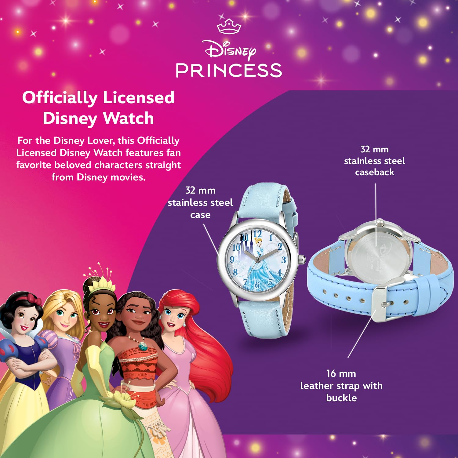 Disney Princess Watch for Girls Age 3–5 Featuring Cinderella with Flowing Dress – Ideal for Kids Who Lovee Fantasy Vibes, Dreamlike Art, and Storybook Style – Aqua Nylon Strap with Velcro Closure