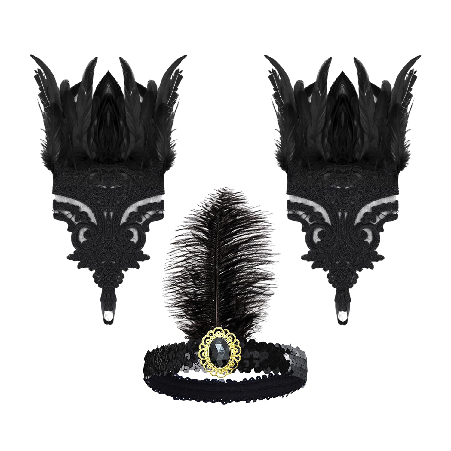 CQQNIU 1 Pair Of Feather Gloves, 1 Feather Headdress, Feather Suit Decoration, Fingerless Gloves, Role Play Props