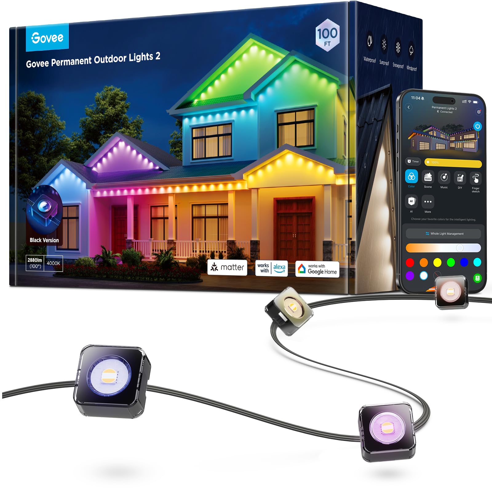 Photo 1 of Govee Permanent Outdoor Lights 2, 100ft RGBIC Outdoor Lights with 72 LED Lights, IP67 Waterproof, 100 Scene Modes with 40lm White for Outdoor Decorations, Works with Alexa, Google Assistant, Black