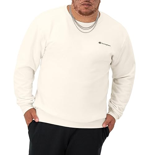 Champion Crewneck, Powerblend Fleece, Hoodie Sweatshirt for Men, Logo (Reg. or Big & Tall), Natural Small Script
