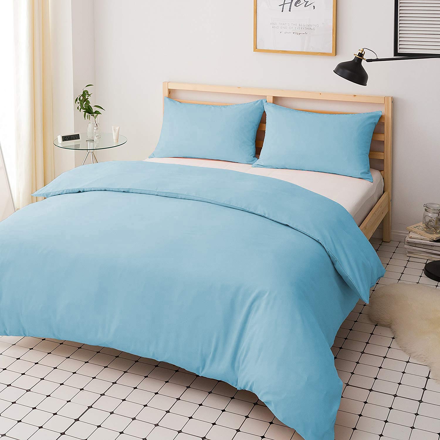 Comfortesy Duvet Quilt Cover Set - Poly Cotton Plain Dyed Bedding Set With Matching Pillowcases- Easy Care Machine Washable - Durable | Single Double King Super King Bed Size (Sky Blue, King)