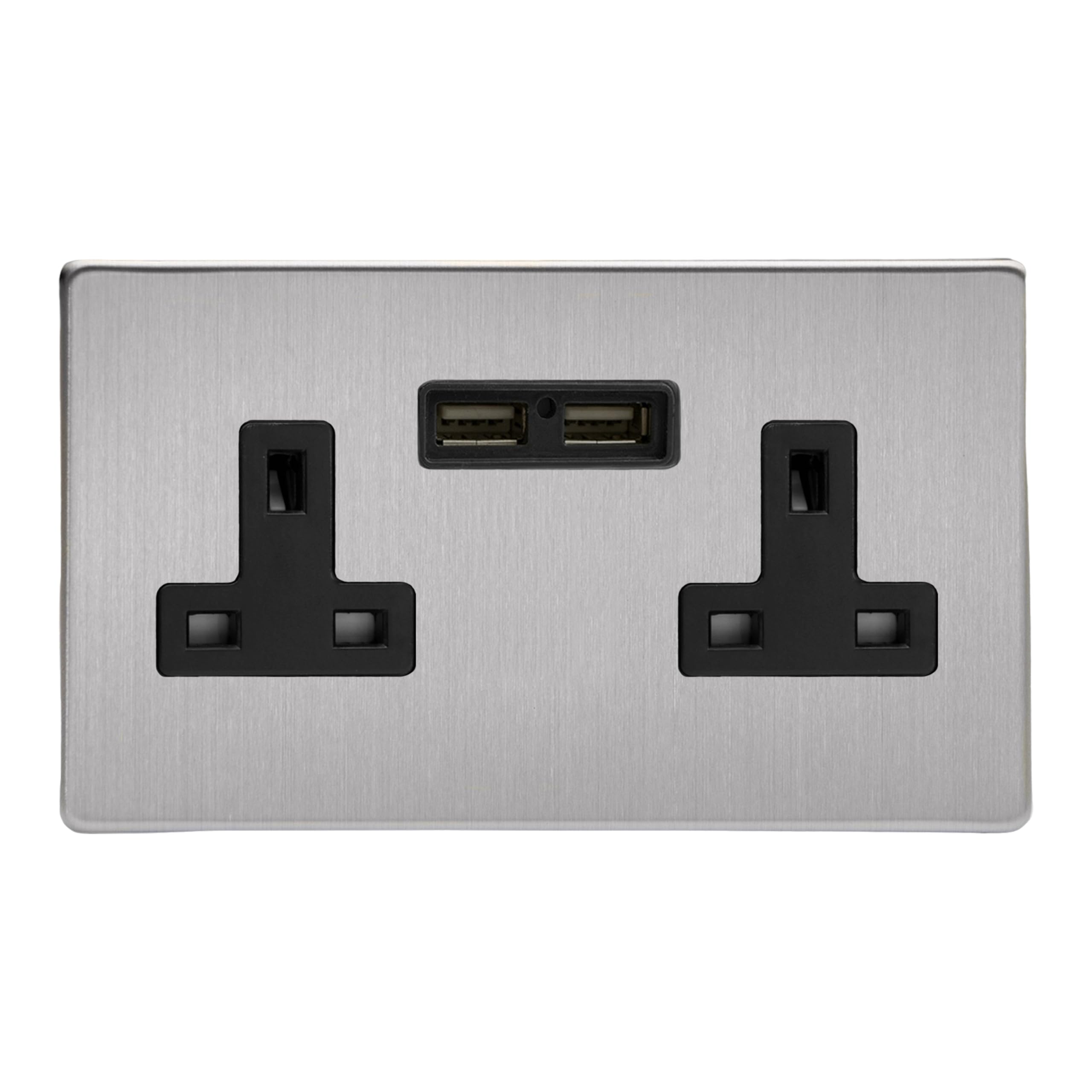 Varilight 2 Gang, 13 Amp Unswitched Socket with 2 Optimised USB Charging Ports, Black Insert. Dimension Screwless Brushed Steel
