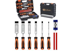 LeuMuas 10pcs Wood Chisel Sets, 6 Pcs Premium Wood Chisels with 1 Honing Guide, 1 Sharpening Stone & 2 Carpenter Pencils, Heat Treated CR-V Steel Blades for Wood Carving Tools