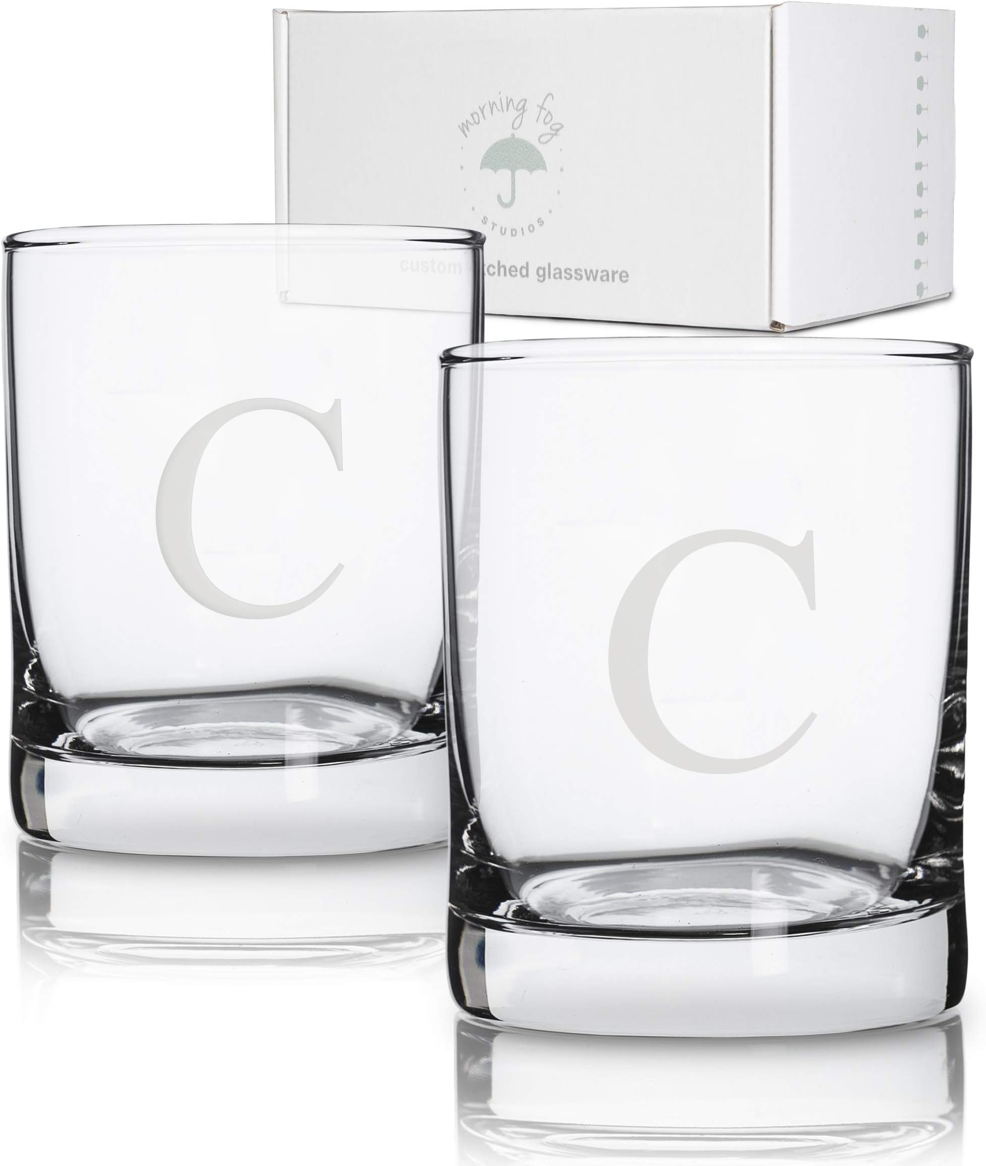 Personalized Whiskey Glasses Set of 2, Engraved Monogram Old Fashioned Bourbon Glassware, 12.5 oz, Ideal for Men, Gifts, Birthday, Anniversary, Christmas, Groomsmen, (C)