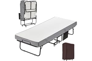 MELLCOM Folding Bed with Mattress,75" x 31" Foldable Rollaway Bed with Mattress for Adults, 5 Inch Memory Foam Mattress,Single Cot Size Portable Bed with Metal Frame&Bed Side Pocket