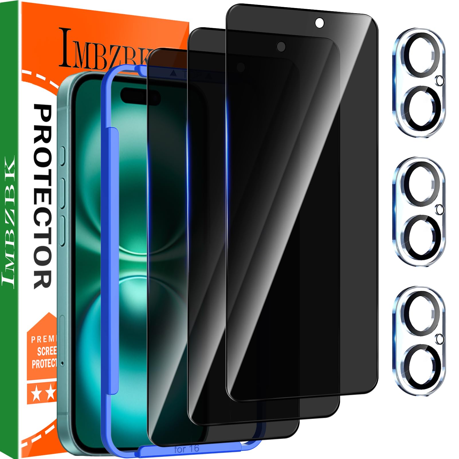 IMBZBK 3 Pack Privacy Screen Protector for iPhone 16 Tempered Glass Accessories 3 Pack Camera Lens Protector, Case Friendly Anti Spy Screen Cover Film for Apple 16, Full Coverage